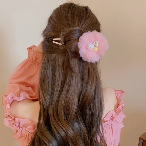 Sweet Mesh Flower Heart Rhinestone Artificial Pearl Hairpin Wooden Hair Stick Elegant Updo Styling Tool Accessory For Women Jewelry