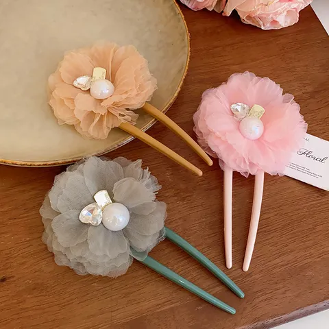 Sweet Mesh Flower Heart Rhinestone Artificial Pearl Hairpin Wooden Hair Stick Elegant Updo Styling Tool Accessory For Women Jewelry