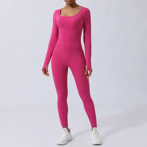 Women Long Sleeve Backless Workout Jumpsuit Quick Dry Slim Fit Fitness Yoga Bodysuit Athletic Gym Romper