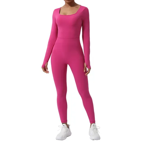 Women Long Sleeve Backless Workout Jumpsuit Quick Dry Slim Fit Fitness Yoga Bodysuit Athletic Gym Romper