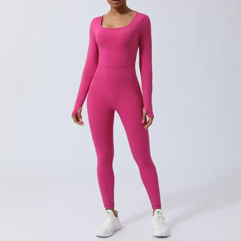 Women Long Sleeve Backless Workout Jumpsuit Quick Dry Slim Fit Fitness Yoga Bodysuit Athletic Gym Romper