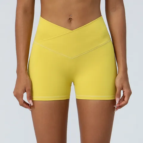 Shorts de Yoga de Cintura Alta Cruzada Levantamiento de Glúteos para Mujer Deportivo Fitness Entrenamiento Running