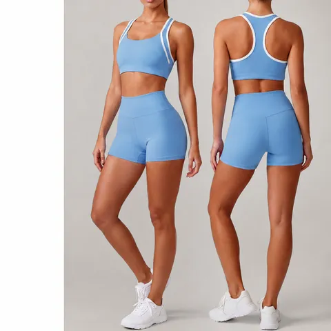 Womens Athletic Sports Bra And Shorts Set Colorblock Racerback Fitness Yoga Gym Workout Activewear Outfit