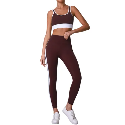 Damen Farbblock Yoga-Set U-Ausschnitt Stoßfester Sport-BH Und Hohe Taille Hüfthebende Leggings Sportbekleidung