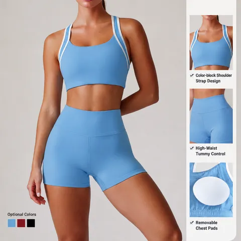 Womens Athletic Sports Bra And Shorts Set Colorblock Racerback Fitness Yoga Gym Workout Activewear Outfit