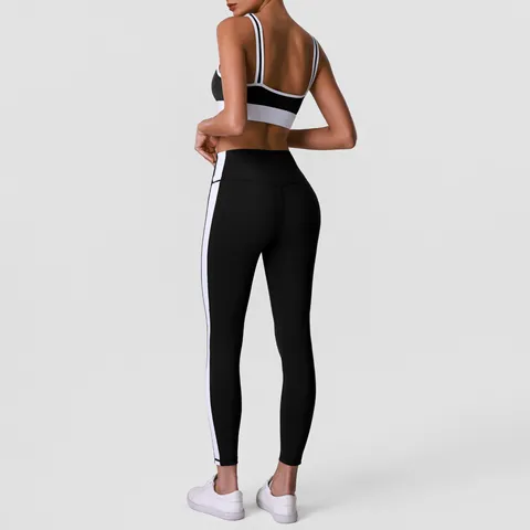 Damen Farbblock Yoga-Set U-Ausschnitt Stoßfester Sport-BH Und Hohe Taille Hüfthebende Leggings Sportbekleidung