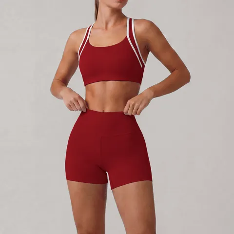 Ensemble Soutien-Gorge de Sport et Short pour Femmes Colorblock Dos Nageur Fitness Yoga Gym Sport