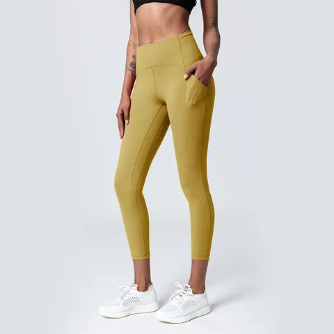 Women High Waisted Butt Lifting Yoga Pants Solid Color Activewear Slim Fit Cropped Leggings With Pockets