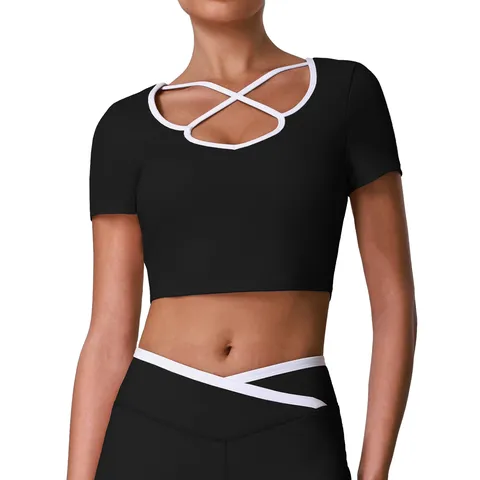 Top Corto Sportivo Casual a Manica Corta da Donna Scollo a V Sfrangiato Tinta Unita Slim Fit T-Shirt da Fitness Abbigliamento Sportivo