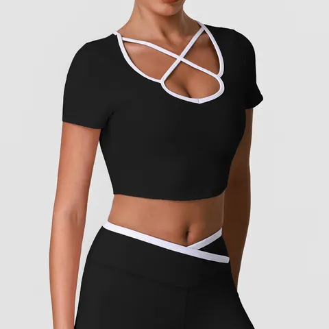 Top Corto Sportivo Casual a Manica Corta da Donna Scollo a V Sfrangiato Tinta Unita Slim Fit T-Shirt da Fitness Abbigliamento Sportivo