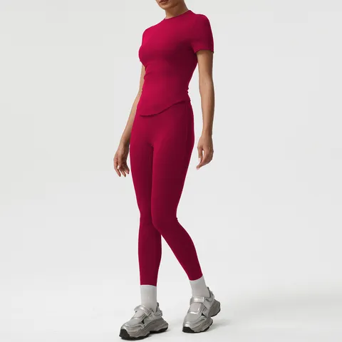 Conjunto de Yoga para Mujer Ropa Deportiva Cintura Alta Leggings Levanta Glúteos Top Manga Corta Sujetador Deportivo