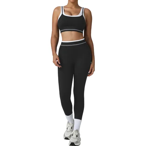 Damen Athletisch Fitness Yoga Set Farbblock Crop Tank Top Und Hohe Taille Capri Leggings Sportbekleidung Workout Anzug