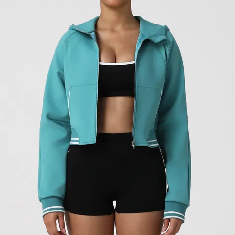 Women Full Zip Hooded Sweatshirt Cotton Blend Color Block Athletic Jacket Casual Long Sleeve Fitness Outerwear Top