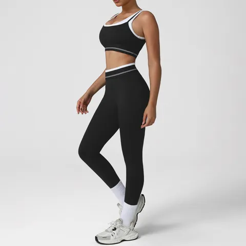 Damen Athletisch Fitness Yoga Set Farbblock Crop Tank Top Und Hohe Taille Capri Leggings Sportbekleidung Workout Anzug