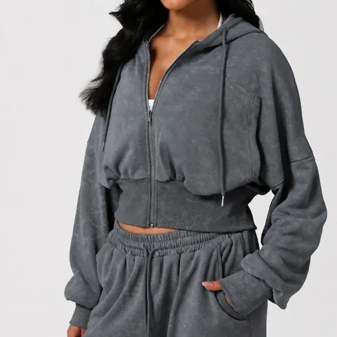 Women Vintage Printed Cropped Zip Up Hooded Sweatshirt Matching Set Casual Long Sleeve Jacket And Jogger Pants Suit