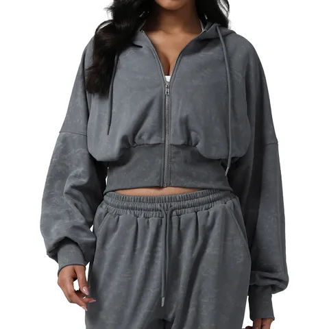 Women Vintage Printed Cropped Zip Up Hooded Sweatshirt Matching Set Casual Long Sleeve Jacket And Jogger Pants Suit