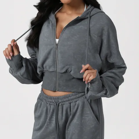 Women Vintage Printed Cropped Zip Up Hooded Sweatshirt Matching Set Casual Long Sleeve Jacket And Jogger Pants Suit