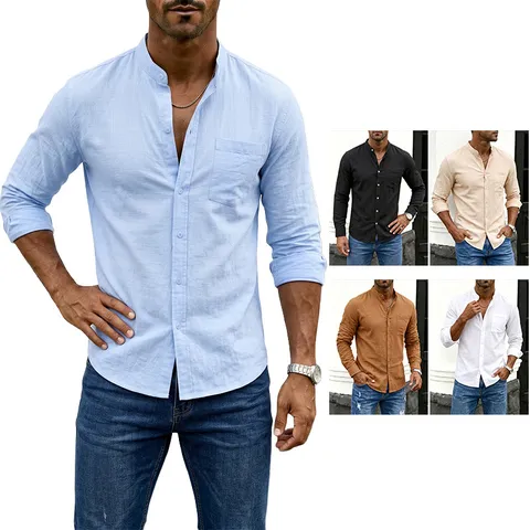 Chemise Décontractée pour Homme en Mélange de Coton Manches Longues Col Montant Couleur Unie Poche Boutonnage Simple Top Minimaliste Urbain Respirant