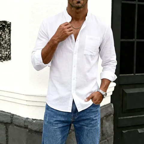 Chemise Décontractée pour Homme en Mélange de Coton Manches Longues Col Montant Couleur Unie Poche Boutonnage Simple Top Minimaliste Urbain Respirant