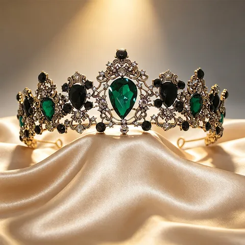 Tiare De Mariage Royale Baroque Alliage D'or Vintage Strass Colorés Couronne De Mariée Coiffe De Concours Pour Femmes
