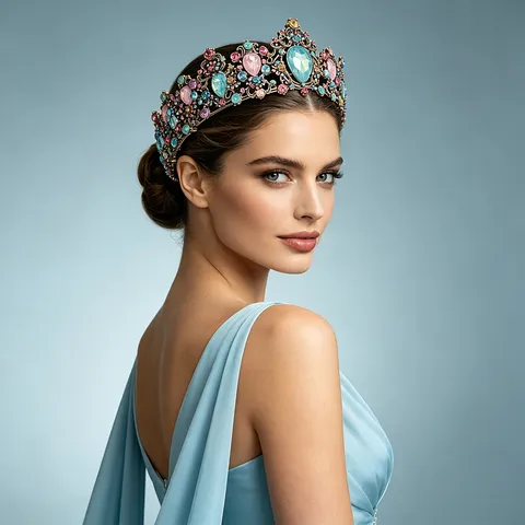 Tiare De Mariage Royale Baroque Alliage D'or Vintage Strass Colorés Couronne De Mariée Coiffe De Concours Pour Femmes