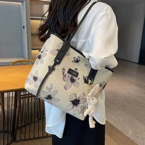 Bolso de Mano de Lona para Mujer Gran Capacidad Estampado Floral Bolso de Hombro Con Colgante de Conejo Bolso Retro Casual Viaje