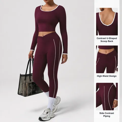 Dames Atletisch Yoga Pak Set Lange Mouw Top En Strakke Broek Contrastkleur Sportkleding Fitness Trainingspak