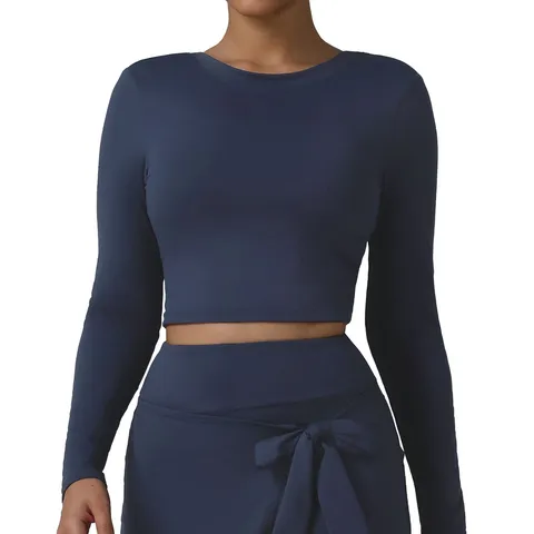Damen Langarm Yoga Top Schmale Passform Rückenfrei Athletisch Fitness Shirt Einflarbig Nylon Elasthan Workout Sportbekleidung