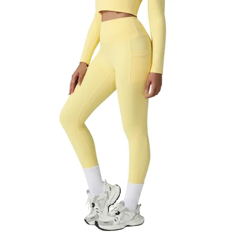 Damen Hohe Taille Schnelltrocknende Yoga Leggings Sport Fitness Laufhose Mit Tasche Creme Einsteckfarbe Elastische Sportbekleidung