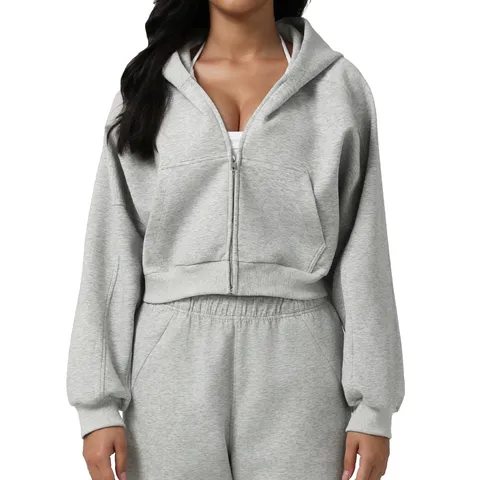 Damen Casual Kapuzenpullover Reißverschluss Langarm Überschnittene Ärmel Sportjacke Baumwollmischung Einfarbig Sportbekleidung