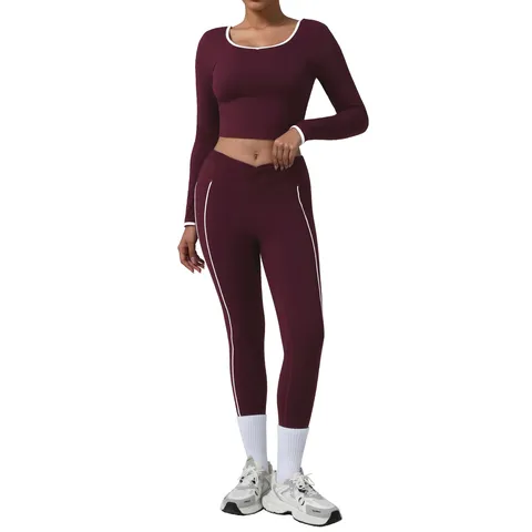 Dames Atletisch Yoga Pak Set Lange Mouw Top En Strakke Broek Contrastkleur Sportkleding Fitness Trainingspak