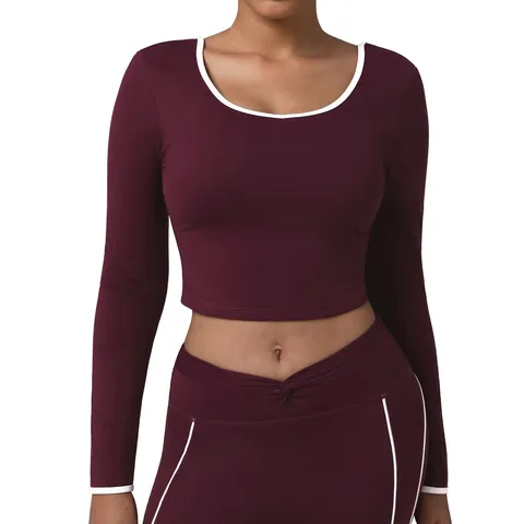 Top da Yoga a Manica Lunga da Donna Vestibilità Slim Corta Maglia Sportiva Schiena Scoperta Allenamento Fitness Abbigliamento da Corsa Viola Uva Grande