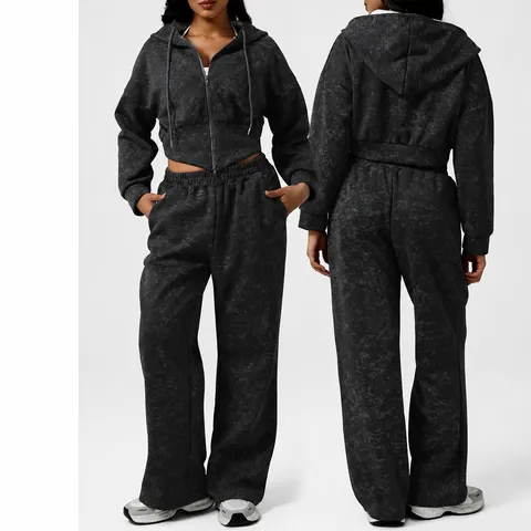 Women Casual Vintage Washed Hooded Sweatshirt And Wide Leg Pants Set Long Sleeve Hoodie Activewear Tracksuit
