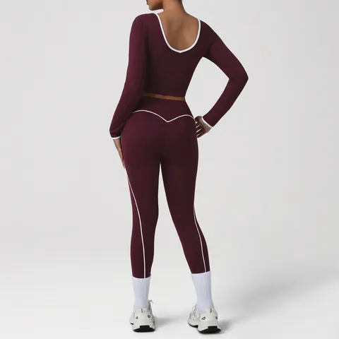 Dames Atletisch Yoga Pak Set Lange Mouw Top En Strakke Broek Contrastkleur Sportkleding Fitness Trainingspak