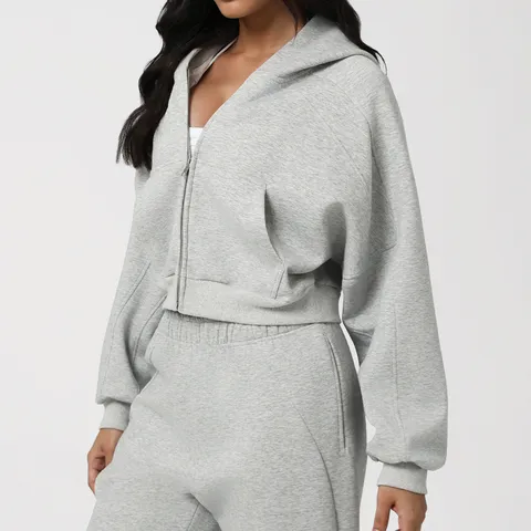 Damen Casual Kapuzenpullover Reißverschluss Langarm Überschnittene Ärmel Sportjacke Baumwollmischung Einfarbig Sportbekleidung
