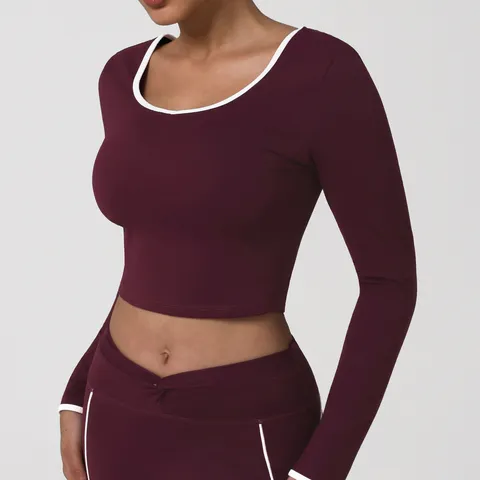 Top da Yoga a Manica Lunga da Donna Vestibilità Slim Corta Maglia Sportiva Schiena Scoperta Allenamento Fitness Abbigliamento da Corsa Viola Uva Grande
