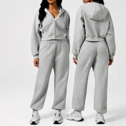Women Casual Thickened Hooded Zipper Hoodie Jacket And Sweatpants Tracksuit Solid Color Cotton Blend Top And Bottom