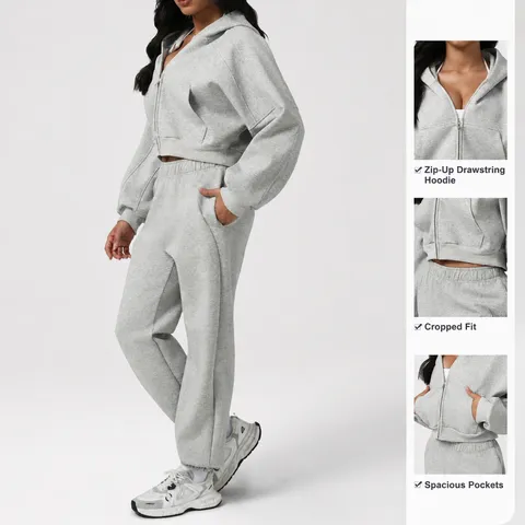 Women Casual Thickened Hooded Zipper Hoodie Jacket And Sweatpants Tracksuit Solid Color Cotton Blend Top And Bottom