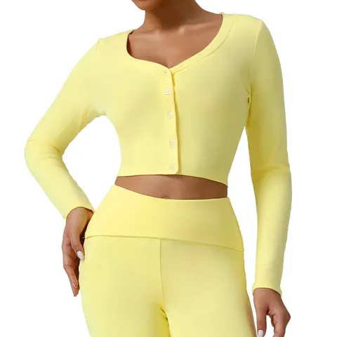 Damen Casual Gerippter V Ausschnitt Sport Fitness Cardigan Top Langarm Gekürzt Athletisch Yoga Top Einsteckfarbe