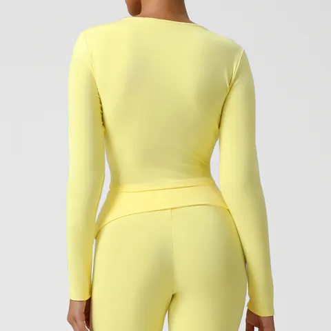 Damen Casual Gerippter V Ausschnitt Sport Fitness Cardigan Top Langarm Gekürzt Athletisch Yoga Top Einsteckfarbe