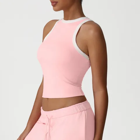 Dames Sportieve Geribbelde Tanktop Hoge Rek Slanke Pasvorm Ronde Hals Contrast Bies Sport Fitness Workout Activewear