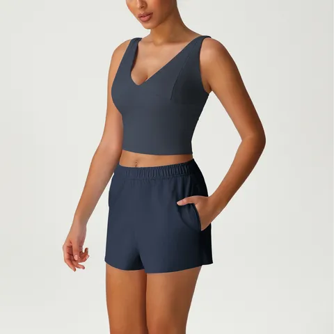Conjunto de Chándal Deportivo Casual para Mujer Camiseta sin Mangas con Cuello en V y Shorts Cintura Alta Elástica Fitness Atlético Atuendo de Dos Piezas