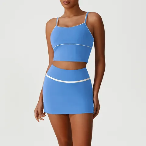 Women's Activewear Set Long Sleeve Cami Top and Mini Skirt Workout Yoga Fitness Two Piece Outfits Athletic Gym Clothing
