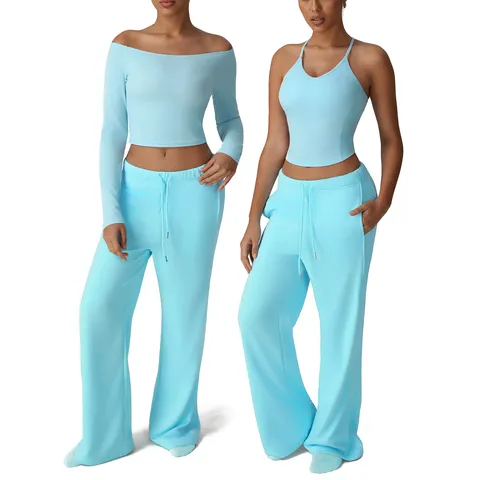 Mujeres Casual Color Sólido Conjuntos de Top y Parte Inferior Manga Larga Camiseta sin Mangas con Cordón Pantalones Pierna Ancha Chándal