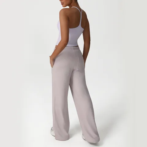 Mujeres Casual Color Sólido Conjuntos de Top y Parte Inferior Manga Larga Camiseta sin Mangas con Cordón Pantalones Pierna Ancha Chándal