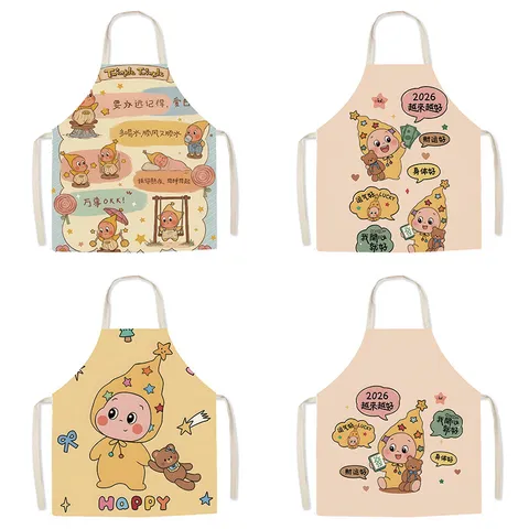 Lindo Delantal de Algodón Lino con Bendición de Dibujos Animados para Cocina Casera Cocinar Hornear Babero Antimanchas para Adultos Niños