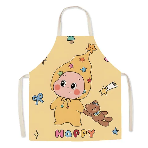 Lindo Delantal de Algodón Lino con Bendición de Dibujos Animados para Cocina Casera Cocinar Hornear Babero Antimanchas para Adultos Niños