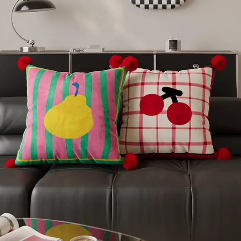 Minimalist Cartoon Fruit Print Plush Throw Pillow Cover Red Stripe Apple Cherry Pear Sofa Cushion With Pom-Pom Home Decor