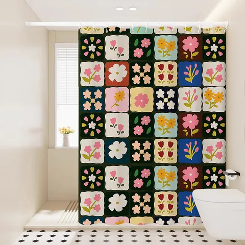 Waterproof Fabric Shower Curtain Retro Floral Pattern Bathroom Partition Curtain With Rings And Ties Home Decor