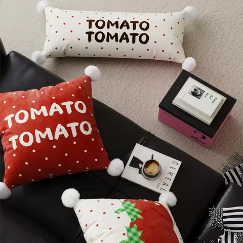 Koreanisch Weihnachten Rot Tomate Druck Plüsch Dekorativ Kissenbezug Sofa Kissen Pompon Rand Zierkissenbezug Heimdekoration